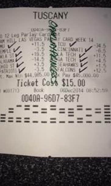 12 Team Parlay on $15 Tickets Leads To $45k Payout